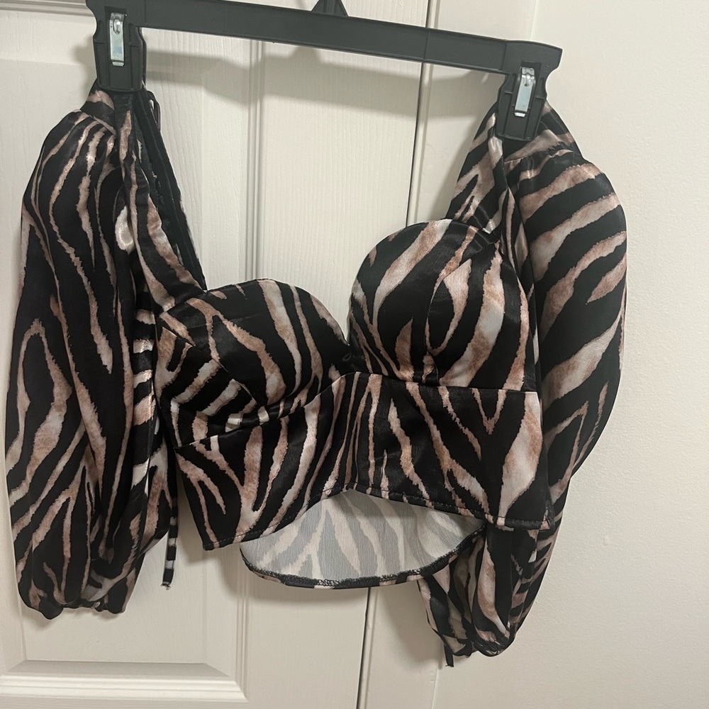ASOS long sleeve cropped satin animal print top